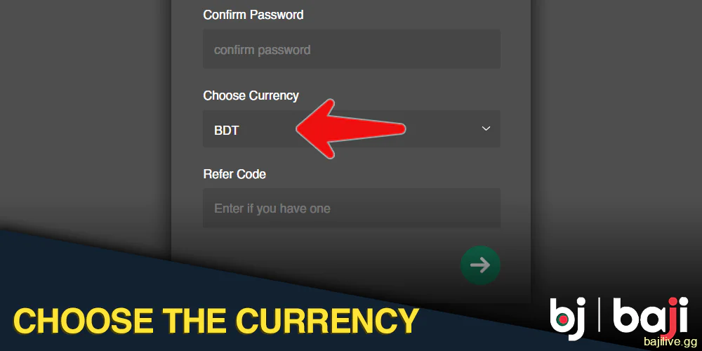 Select your currency on the Baji registration form